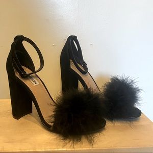Black feather fur heels